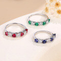 wholesale S925 Sterling Silver Plated with K Gold Cross-Border New Style Moissanite Cultured Colored Gemstone 7-Stone Ring in Red, Blue, and Green-0-0