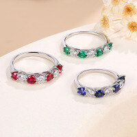 wholesale S925 Sterling Silver Plated with K Gold Cross-Border New Style Moissanite Cultured Colored Gemstone 7-Stone Ring in Red, Blue, and Green-Green US 8