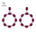 wholesale S925 Metal Oval Pigeon Blood Red High Carbon Diamond Earrings with Ice Floral Design in European and American Luxury Style-0-0