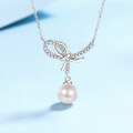 wholesale 925 Sterling Silver Freshwater Pearl Necklace for Women with Asymmetric Tie Pendant Design, Elegant Collarbone Chain for Wholesale and Drop Shipping-0-0