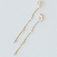 wholesale Metal: S925 Silver Plated with 14K Gold Japanese-inspired,, Flower Design, White Zircon, Green Olive, Long Drop Earrings-Flower Long Earrings 925 Silver