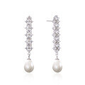 wholesale S925 sterling silver Korean-style vintage long zircon drop earrings with pearl accents, trendy and unique stud earrings-0-4
