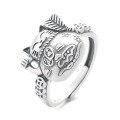 wholesale S925 Sterling Silver Retro Matte Antique Craft Fortune Cat Holding a Banana Leaf Fan Style Adjustable Ring-0-4