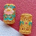 wholesale Gold-plated 925 ancient silver filigree bead with enamel peony flower for DIY bracelet stringing-0-3