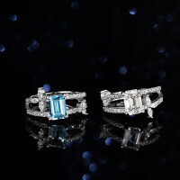 Sterling Silver Natural Blue Topaz Moissanite Double Layer Zuma Emerald Cut Rectangle Ring-Inlaid with blue topaz  Adjustable opening