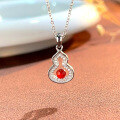 wholesale S925 Sterling Silver Red Agate Gourd Necklace Women's Fashion Trendy Chinese Style Luxury Design Pendant Collarbone Chain Ring Set-0-4