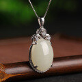 wholesale 925 Sterling Silver Inlaid White Jade Pendant with Certificate, New Large Cabochon Natural Hetian Jade Pendant for Women-0-1