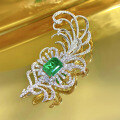 wholesale Sterling Silver 10*12 Simulated Emerald Feather Brooch Pendant with Luxurious Pavé Setting and Enclosed Back Design-0-5