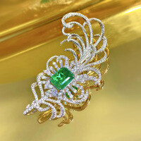 wholesale Sterling Silver 10*12 Simulated Emerald Feather Brooch Pendant with Luxurious Pavé Setting and Enclosed Back Design-N170 Feather 925 Silver