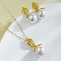 wholesale S925 Gold-Plated French Romantic Gold Leaf 12mm Pearl Pendant Neo-Vintage Necklace for Women-0-3