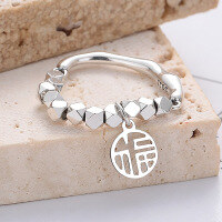 wholesale S925 Sterling Silver Trendy Style Crushed Silver Pieces Connected "Fu" Character Pendant Ring Versatile Elastic Design Jewelry-1214J/approx. 2.3g Adjustable opening