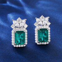 wholesale S925 Sterling Silver Lab-Created Emerald Gemstone Earrings for Women, Minimalist Studs, Luxury Style High-End Accessories-Earrings (including sterling silver earplugs)