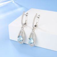 wholesale S925 Sterling Silver European Style Fashion Topaz Earrings with British Clasp, Gemstone Studs for Women, Cross-Border Live Streaming New Arrival-Natural Sky Blue Topaz Earrings