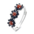 wholesale S925 Sterling Silver Retro Resin Green Flower Three-Dimensional Design Inlaid with Southern Red Agate Adjustable Open Ring for Women-0-4