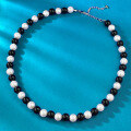wholesale New Metal Strong Light Perfectly Round Large 8mm Pearl Black Agate Vintage Necklace French Collarbone Chain 40+5cm Live-0-0