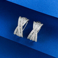 wholesale 925 Sterling Silver with Simulated Diamond, Minimalist Diamond-Inlaid Earrings, Emerald Cut Overlapping Studs, Fashionable Simulated Diamond Ear Accessories-E309 Cross Ear Pads 925 Silver