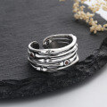 wholesale S925 Sterling Silver Retro Geometric Irregular Multi-Layer Lines Inlaid with Red Zircon Ring, Fashion Unisex Style Ring-0-3