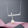 wholesale 925 Sterling Silver Cross Pearl Necklace for Women, European and American Ins Style, Small and Unique Design Collarbone Chain, One-Piece Drop Shipping Supply-0-0