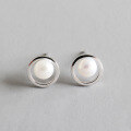 wholesale S925 Sterling Silver EB728 Korean-style Minimalist Geometric Hollow Circle Freshwater Pearl Earrings for Women-0-0