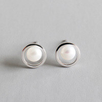 wholesale S925 Sterling Silver EB728 Korean-style Minimalist Geometric Hollow Circle Freshwater Pearl Earrings for Women-Platinum [with sterling silver ear plugs] &gt; 925 silver