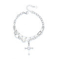 wholesale S925 Sterling Silver French-style Double-layer Pearl Cross Bracelet, Trendy Punk Ins Style Internet Celebrity Elegant Accessory for Women-0-4