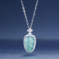 S925 Silver, Gold-Plated, and Diamond Natural Aqua Jadeite Leaf Pendant Necklace-0-4