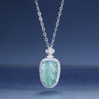 S925 Silver, Gold-Plated, and Diamond Natural Aqua Jadeite Leaf Pendant Necklace-Inlaid with blue-green jadeite  925 silver