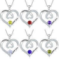 wholesale 925 Sterling Silver Cross-border Hot-selling Letter Sapphire Colored Gemstone Necklace High-end Silver Heart-shaped Pendant-Platinum medium purple blue 925 silver