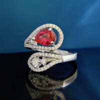 wholesale Metal: 925 Sterling Silver, 6*8mm Pear Cut Pigeon Blood Red Adjustable Ring for Women, European and American Fashion, Versatile Styling, Mu Jing Jewelry New Collection-K022 Red Diamond Adjustable opening