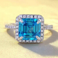 wholesale S925 silver new 8*8mm high-carbon diamond pagoda aquamarine ring, fashionable minimalist European style-R716 Ocean Blue>No. 5
