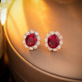 wholesale Metal material first: new high-grade pigeon blood red cultivated ruby earrings, surrounded by high-carbon diamonds, classic ladies' earrings in the style of Princess Diana-0-1