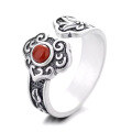 wholesale S925 Sterling Silver Southern Red Agate Auspicious and Adjustable Open Ring, Vintage Retro Style, National Charm-0-4