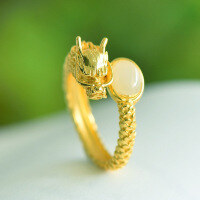 wholesale Gold-plated 925 Sterling Silver Adjustable Open Dragon Zodiac Ring with Hetian Jade, New Chinese Style-Golden Year of the Dragon Model Adjustable opening