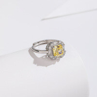 wholesale 925 Sterling Silver Ice Flower Cut Square High-Carbon Diamond Ring Women's Band Light Luxury Foreign Trade Hot-Selling Closed Ring Cross-Border New Product-Yellow Diamond Ring Adjustable Opening