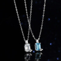 Sterling Silver Geometric Rectangular Natural Blue Topaz Moissanite Necklace Pendant-Inlaid with natural blue topaz  925 silver