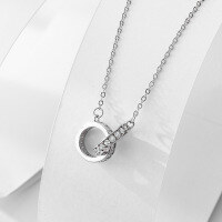 wholesale S925 Sterling Silver Double Interlocking Ring Necklace for Women, Minimalist and Luxurious Small and Unique High-End Diamond-Encrusted Pendant Choker-Double Ring Necklace>925 Silver