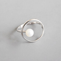 wholesale S925 Sterling Silver Korean-style Minimalist Geometric Circle Pearl Ring for Women, Student Nature-inspired Silver Jewelry-Platinum [No. 16/Adjustable] Opening adjustable