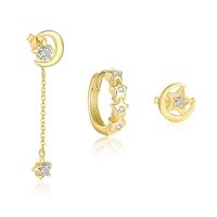 wholesale S925 Sterling Silver Star And Moon Tassel Earrings With Zircon, Light Luxury, Fashion, And Versatile-Single three-piece set 925 silver
