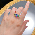 wholesale S925 Sterling Silver Round 8*10 Tanzanite Ring with Colorful Pear-Shaped Nano Green Stone forIns Cross-Border-0-3