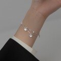 wholesale S925 Sterling Silver Sand Bead Ginkgo Leaf Double Layer Minimalist Silver Bracelet, Bohemian Style Versatile Design Sense Light Luxury Double Layer Bracelet-0-3