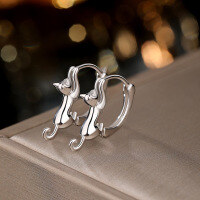 wholesale S925 Sterling Silver Cat Ear Clip Cartoon Niche Cute Pet Creative 3D Small Cat Ear Hoop Earrings Cross-Border New Accessories-Platinum