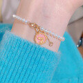 wholesale S925 sterling silver pink moon-viewing Moe rabbit pearl bracelet with gold enamel accessory, popular internet style, can be used as a pendant-0-2