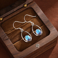 wholesale 925 Sterling Silver Cross-Border New Hollow Oval Moonstone Earrings, Bohemian Small and Versatile Ear Drops-Platinum 925 silver