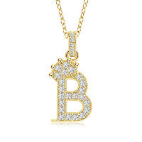 Gold-Plated Copper Crown Zircon Quartz Letter Pendant Necklace-Letter necklace B