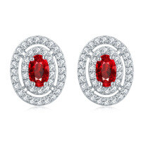 wholesale S925 Sterling Silver Cross-Border New Oval Stud Earrings, European and American Fashion Full Row of Zirconia Diamond Stud Earrings, High-End Wholesale-Pomegranate Red【January】>925 Silver
