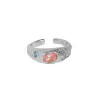 wholesale S925 Sterling Silver 600 Korean Version Ins Minimalist Niche Design Textured Micro-Set Zirconia Open Adjustable Ring for Women-Platinum [Pink Stone] Opening adjustable