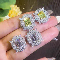 wholesale S925 Sterling Silver with Yellow and Pink Diamonds 7*9mm Emerald Cut Full Diamond Butterfly Earrings-E189 Yellow Diamond 925 Silver