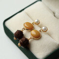wholesale S925 Silver Natural Old Beeswax Amber Pearl Earrings Russian Material Chicken Oil Yellow Stud Earrings-0-5