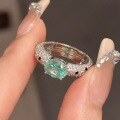 wholesale S925 Sterling Silver Vintage Luxury Paraiba Enamel Full Diamond Ring for Women, Mid-Century Style Mint Green Blue Color Gemstone Diamond Ring-0-0