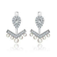 wholesale 925 Sterling Silver Zircon Shell Pearl Earrings High-end European and American Personality V-shaped Silver Earrings Fringe Pearl Earrings for Women Wholesale-Platinum 925 silver